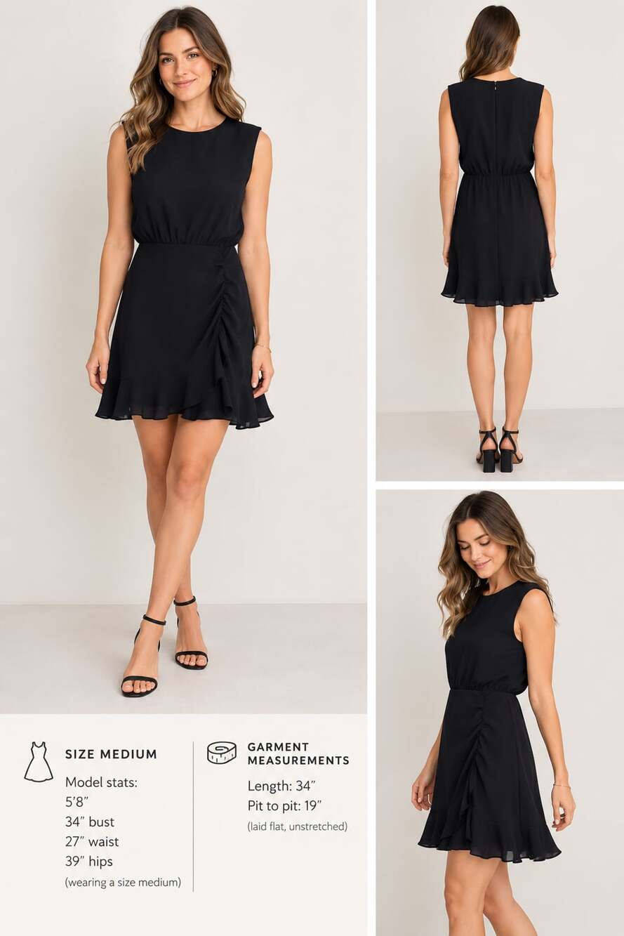 NWT Express Ruched Ruffle Hem Mini Dress Size M Black Sleeveless
